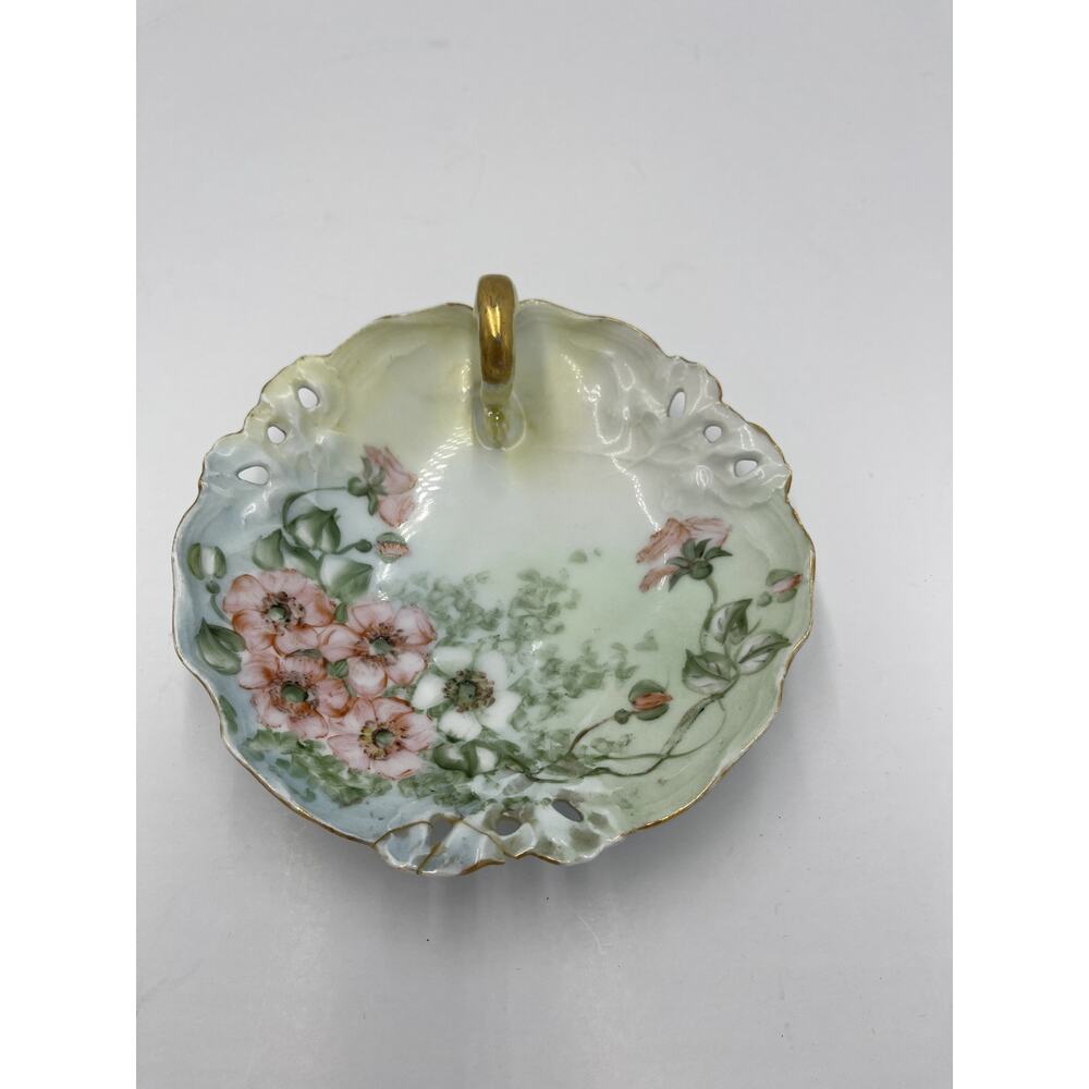 Vintage R.C. Bavarian Porcelain Floral IRIS Jewelry Trinket Dish Gold Handle 6"